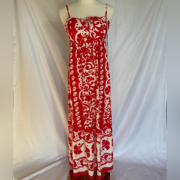 Japna Dresses & Skirts - Nwt Japna Tropical Floral Maxi Dress - Small Red/White Smocked Cotton Blend